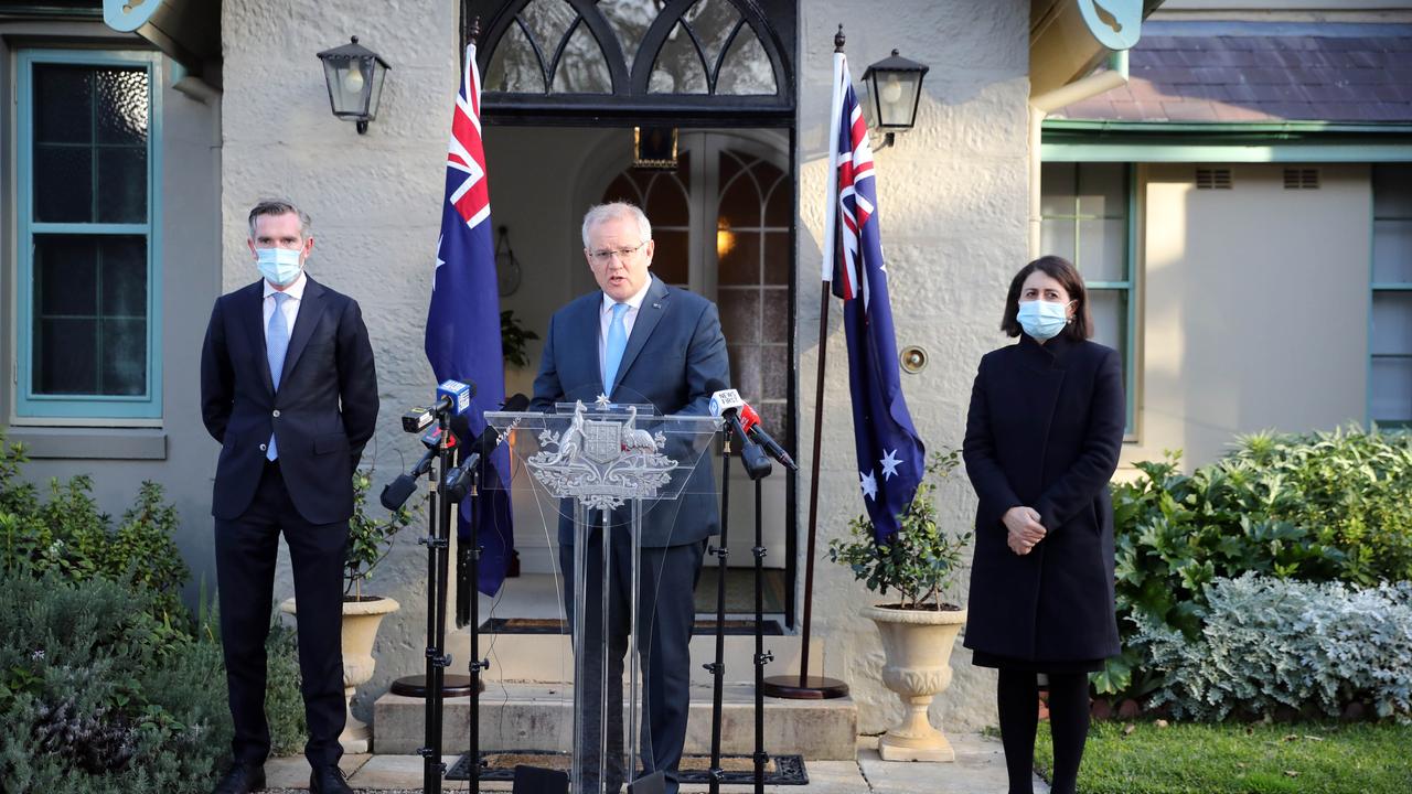 Prime Minister Scott Morrison, NSW Premier Gladys Berejiklian, and NSW Treasurer Dominic Perrottet announcing the business support package. Picture: Christian Gilles