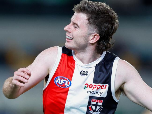 BRISBANE, AUSTRALIA - JUNE 11: Jack Higgins of the Saints reacts to a missed goal during the 2022 AFL Round 13 match between the Brisbane Lions and the St Kilda Saints at The Gabba on June 11, 2022 in Brisbane, Australia. (Photo by Russell Freeman/AFL Photos via Getty Images)