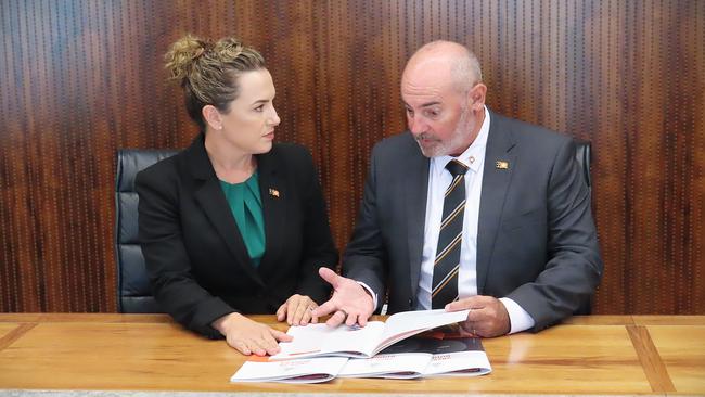 Northern Territory Chief Minister Lia Finocchiaro and Treasurer Bill Yan. The CLP will deliver the NT Budget 2025-26 on May 13, promising a record spend on law and order. Picture: Fia Walsh.