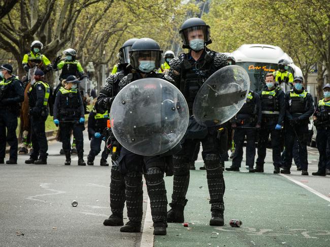 Police on the street during Melbourne’s record-breaking lockdown. Picture: Darrian Traynor