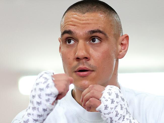 SYDNEY, AUSTRALIA - OCTOBER 04: Tim Tszyu warms up during a Tim Tszyu Open Media Workout at Tszyu Boxing Club on October 04, 2023 in Sydney, Australia. (Photo by Brendon Thorne/Getty Images)