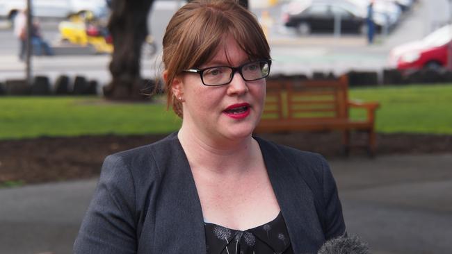 Labor Health spokeswoman Sarah Lovell speaking to reporters outside State Parliament.