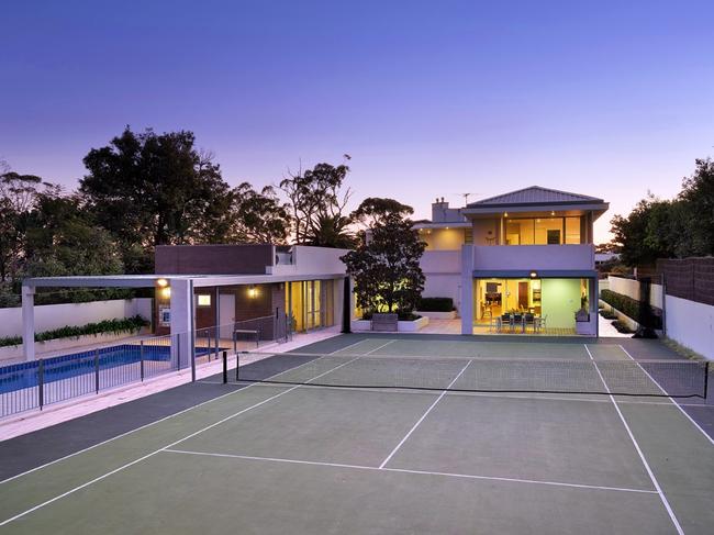 The tennis court and pool.