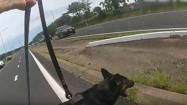 PD Elvis and Senior Constable Marek run across a highway to apprehend alleged car thief. Picture: Supplied.