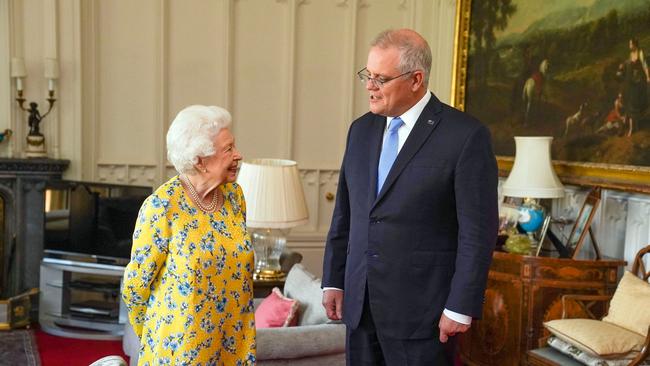 Britain's Queen Elizabeth II receives Scott Morrison during an audience in the Oak Room at Windsor Castle in 2021. Picture: AFP