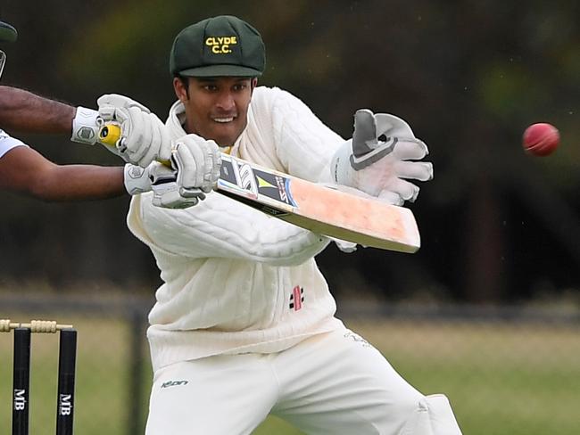 Priyantha Kumar and keeper Kiefer Peries in action during the West Gippsland Cricket match between Merinda Park and Clyde in Cranbourne, Saturday, Nov. 9, 2019. Picture:Andy Brownbill