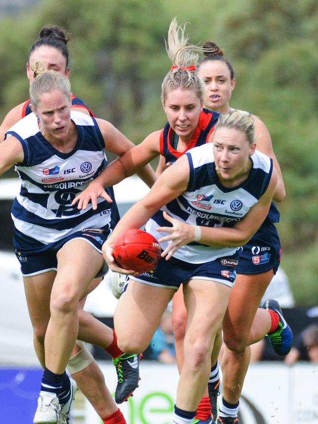 South’s Nicole Campbell will be looking to showcase her skills in front of AFLW recruiters during the women’s ‘Showdown’ this Sunday. Picture: AAP.//Brenton Edwards