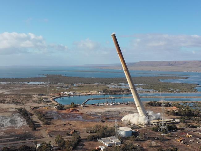 Down it goes. A 200-metre chimney stack at what was South Australia’s last remaining coal-fired power station comes down in Port Augusta, November 2018.