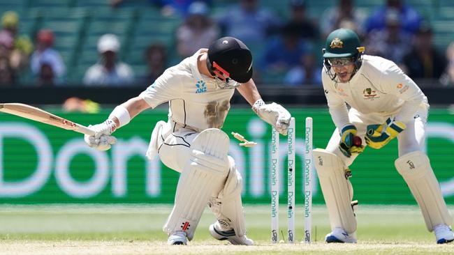 Tim Paine stumps New Zealand’s Henry Nicholls on day four of the Boxing Day Test match. Picture: Scott Barbour/AAP Image