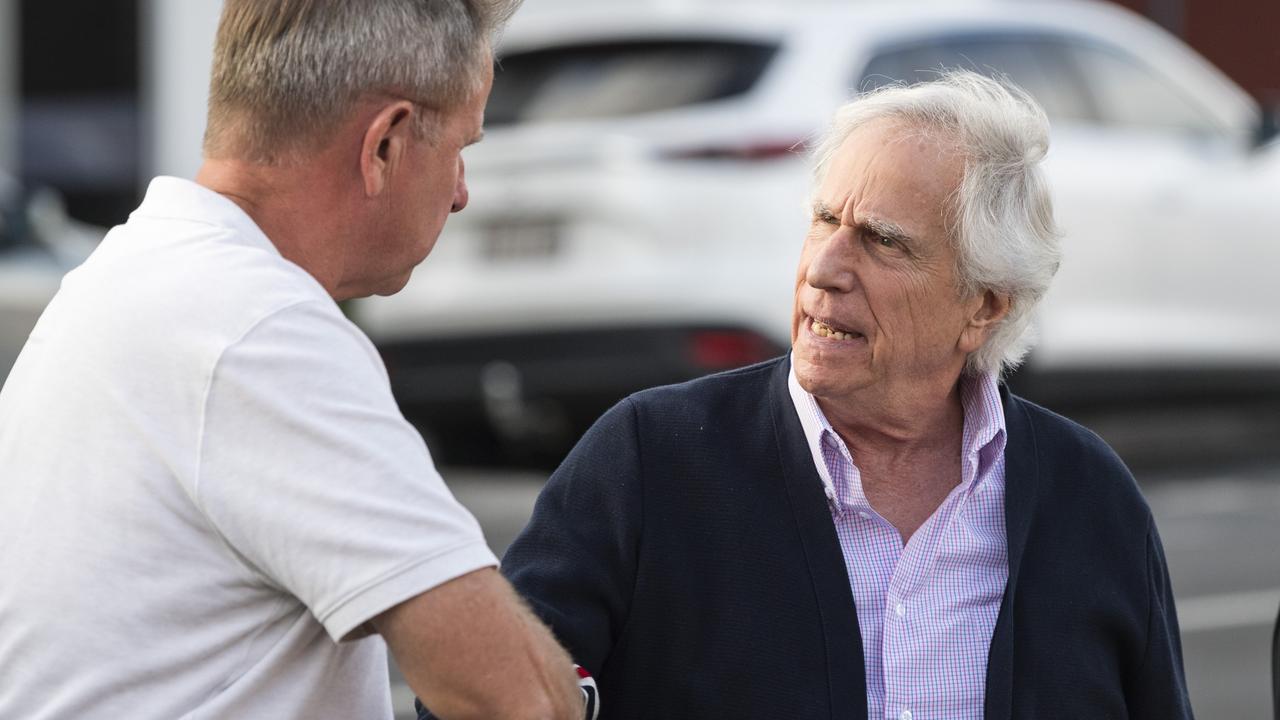 Happy Days star Henry Winkler thanks Phil Stonestreet for driving him to the venue before speaking to a sold-out crowd at the Empire Theatre for Toowoomba Hospital Foundation's Tilly’s Legends at their Game, Saturday, February 10, 2024. Picture: Kevin Farmer