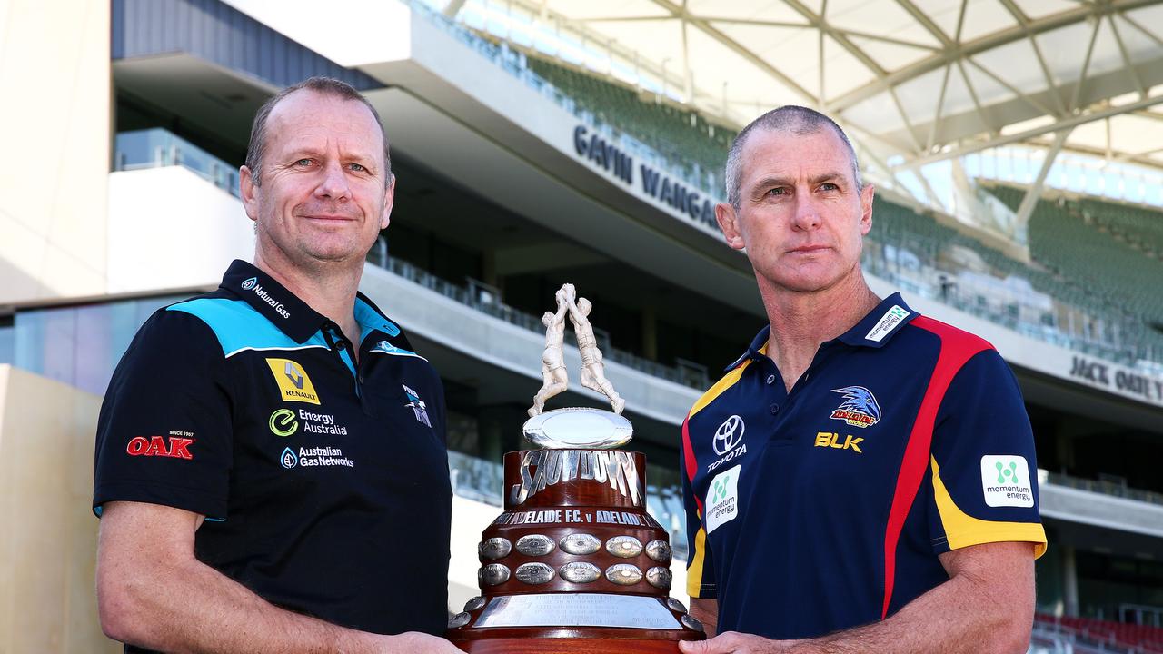 Showdown Coaches. Ken Hinkley and Phil Walsh at today's coaches press conference for Showdown 38 between Port Adelaide and Adelaide Crows. Photo Sarah Reed.