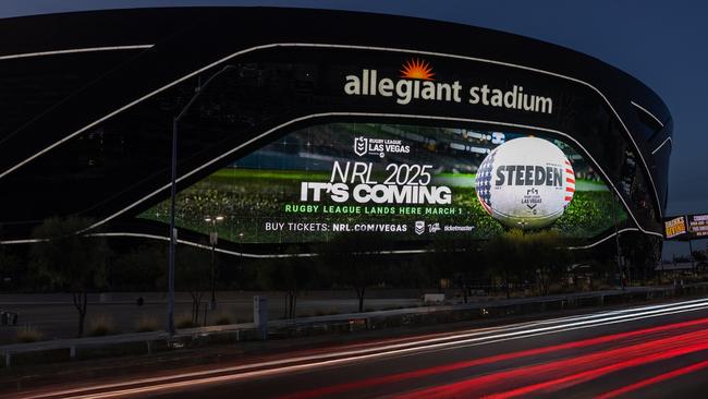 Allegiant Stadium in Las Vegas with NRL advertising its 2025 season launch. Picture: Bryce Cacpal