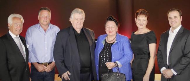 David Flint, Alan Metcalfe, Mary Metcalfe and Jai Martinkovits pictured with Pauline Hanson.