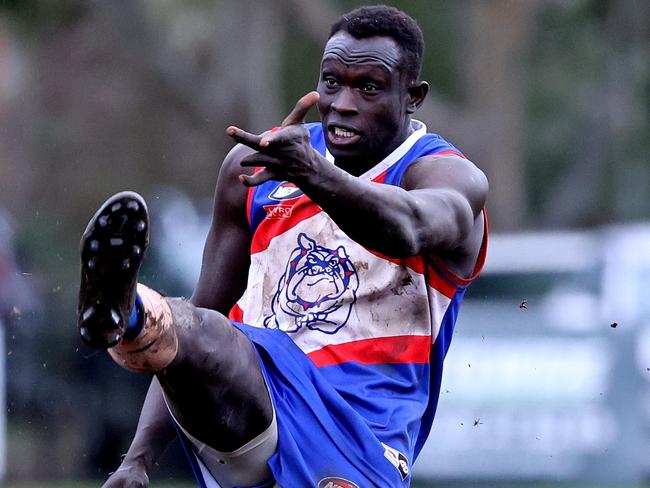 NFL footy: North Heidelberg v Macleod: Majak Daw of North Heidelberg kicks a goal at Shelley Reserve, on Saturday, May 6, 2023 in Heidelberg Heights, Australia.Picture: Hamish Blair