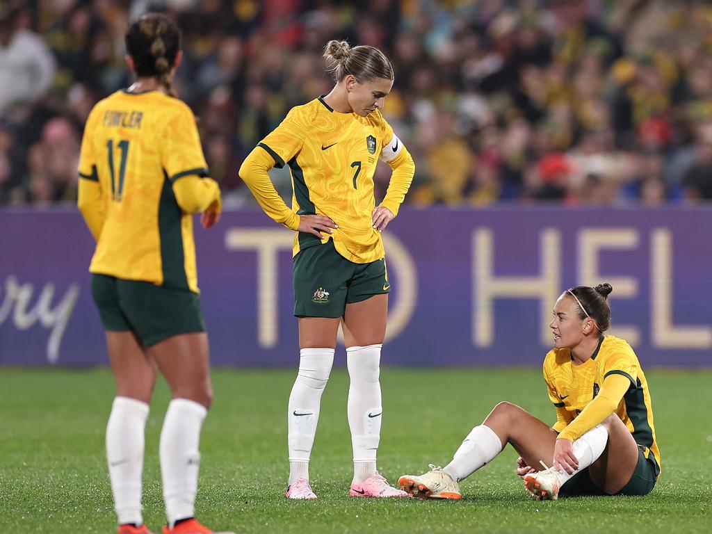 The Matildas will be hopeful that Caitlin Foord hasn’t done significant damage to her hamstring. Picture: Cameron Spencer/Getty Images