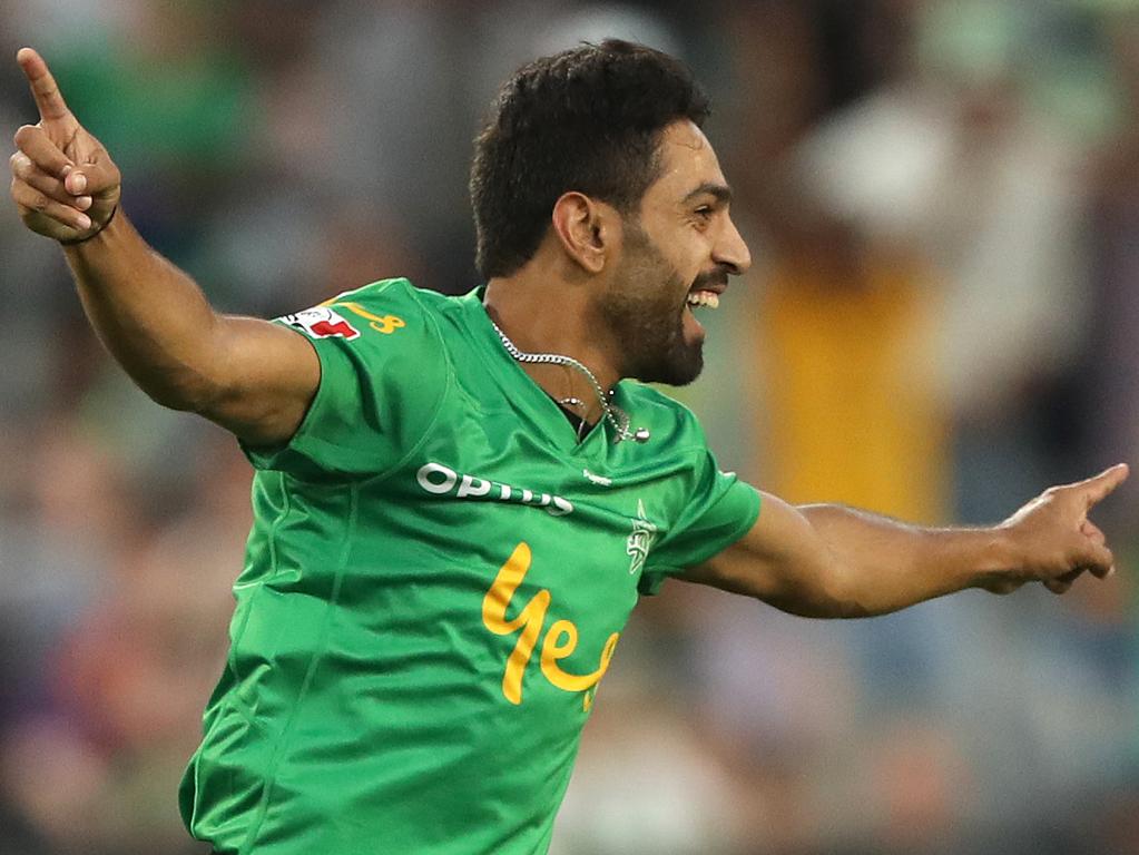 Haris Rauf celebrates his hat-trick following the wicket of Daniel Sams.