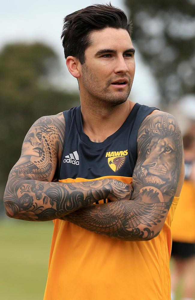 Wingard shivers in the chilly Melbourne weather at Hawthorn’s preseason training session at Xavier College today. Picture: Mark Stewart