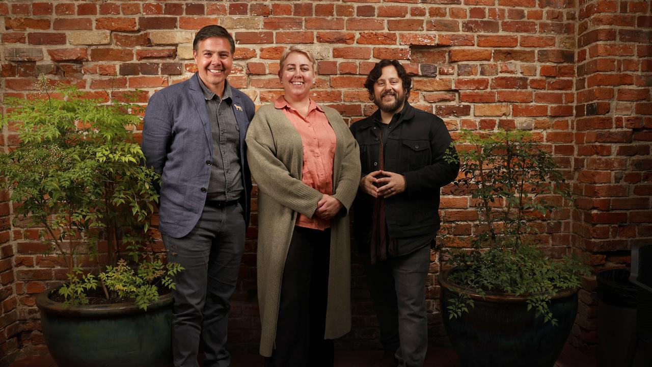 Professor Andrew Pask, Michelle Dracoulis Mayor Derwent Valley Council with Ben Lamm CEO Colossal Biosciences. Picture: Nikki Davis-Jones