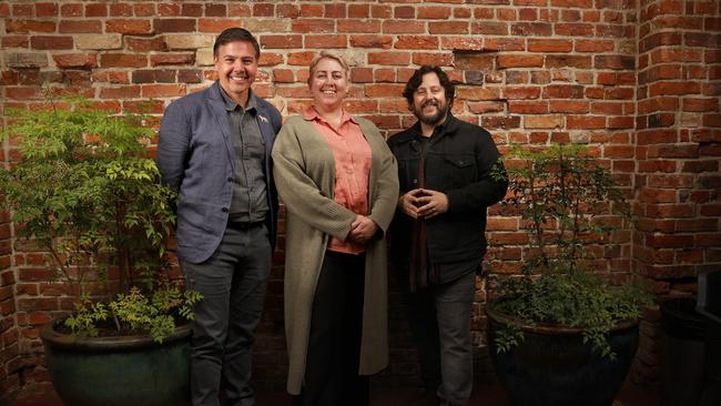 Professor Andrew Pask, Michelle Dracoulis Mayor Derwent Valley Council with Ben Lamm CEO Colossal Biosciences. Picture: Nikki Davis-Jones