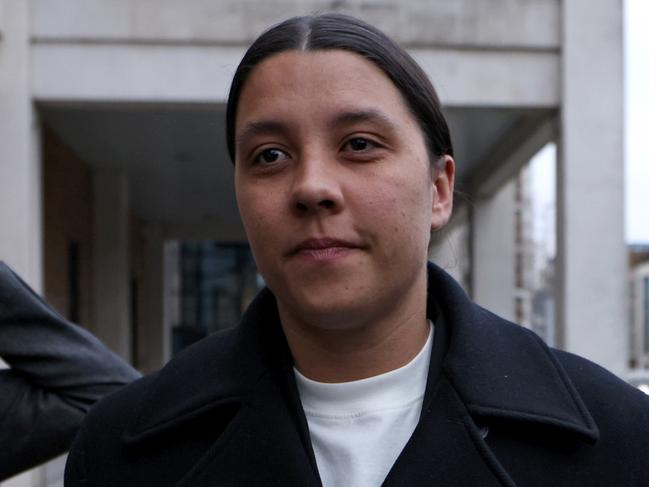 KINGSTON UPON THAMES, ENGLAND - JANUARY 14: Australian football star Sam Kerr departs Kingston Crown Court after a pre-trial hearing on January 14, 2025 in Kingston upon Thames, England. The Matildas star, who also plays professionally for Chelsea in the Women's Super League, is facing charges of "racially aggravated harassment" of a police officer related to an incident in Twickenham on January 30, 2023. The long delayed trial is scheduled to start next month. (Photo by Dan Kitwood/Getty Images)