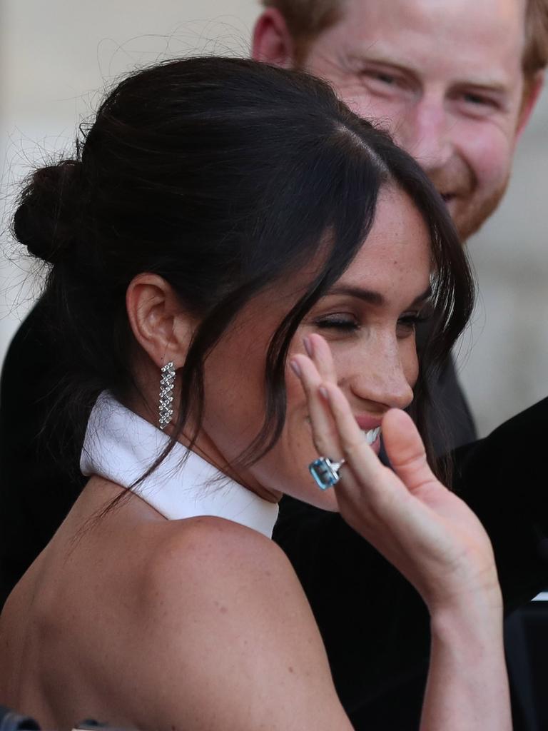 On her wedding night, Meghan wore an emerald-cut aquamarine ring which belonged to Diana. Picture: Getty