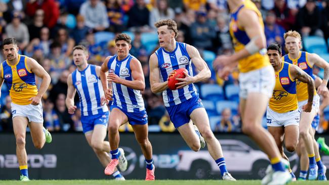 HOBART, AUSTRALIA - AUG 10: Nick Larkey of the Kangaroos in action during the 2024 AFL Round 22 match between the North Melbourne Kangaroos and the West Coast Eagles at Blundstone Arena on August 10, 2024 in Hobart, Australia. (Photo by Dylan Burns/AFL Photos via Getty Images)