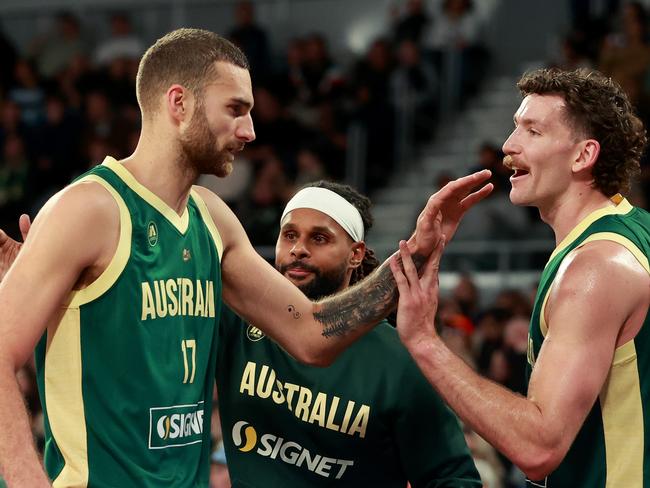 Jack McVeigh and Will Magnay during the Boomers’ win over China in Melbourne last week. (Photo by Kelly Defina/Getty Images)