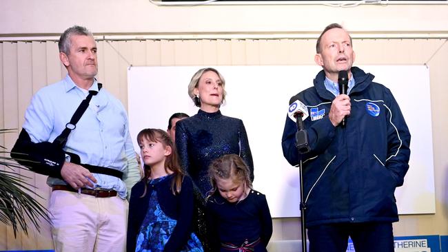 Liberal candidate for Warringah, Katherine Deves and former Prime Minister Tony Abbott during the concession speech at her election party on Saturday night. Picture: Jeremy Piper