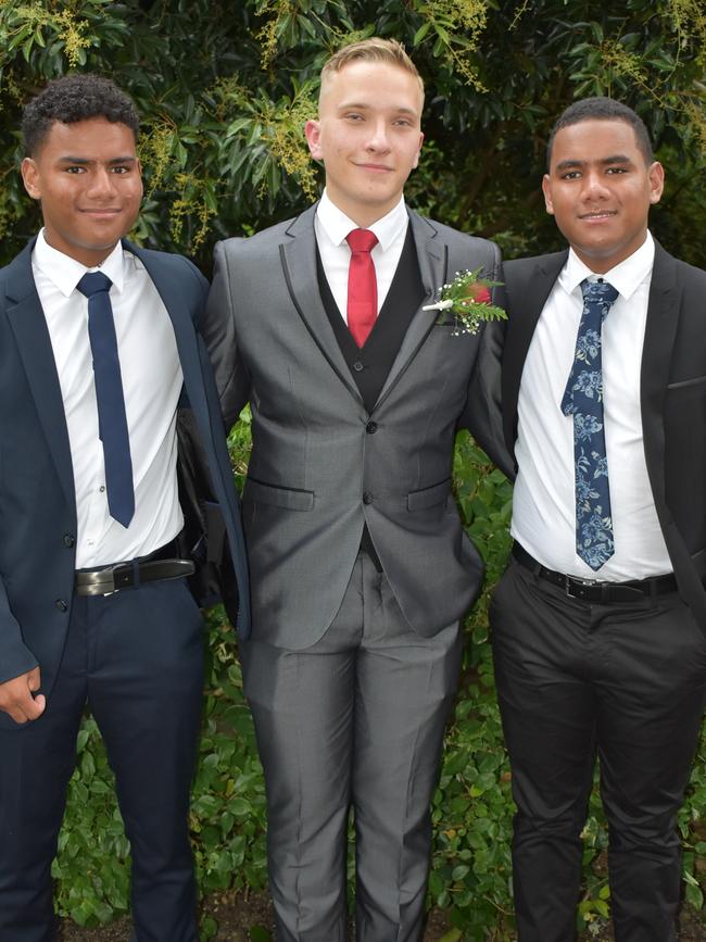 Declan Jang, Hyrum Oliver and Antwone Jang at the Mackay State High School 2021 Year 12 formal, November 16, 2021. Photo: Tara Miko and Janessa Ekert