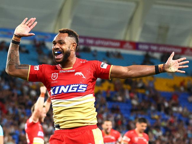 GOLD COAST, AUSTRALIA - MARCH 30: Hamiso Tabuai-Fidow of the Dolphins celebrates a try during the round four NRL match between Gold Coast Titans and Dolphins at Cbus Super Stadium, on March 30, 2024, in Gold Coast, Australia. (Photo by Chris Hyde/Getty Images)