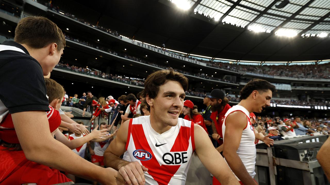 Sydney's Errol Gulden runs out during the Round 1 AFL match between the Collingwood Magpies and the Sydney Swans at the MCG on March 15, 2024. Photo by Phil Hillyard (Image Supplied for Editorial Use only – Phil Hillyard **NO ON SALES** – Â©Phil Hillyard )