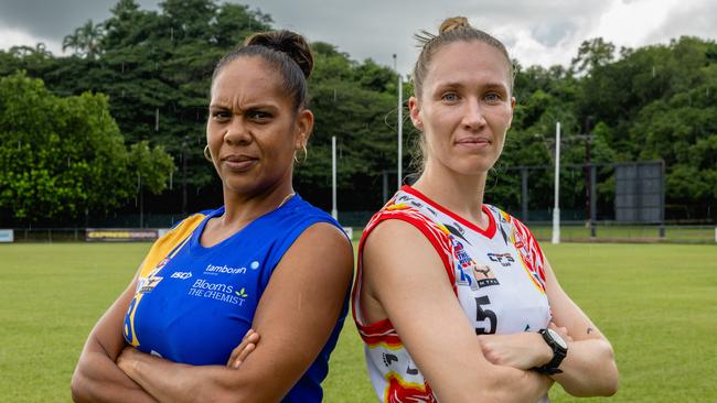 Wanderers Tiffany Parriman and Waratah Brittany Daly ahead of the 2024-25 NTFL Foundation Cup in Round 15. Picture: Pema Tamang Pakhrin