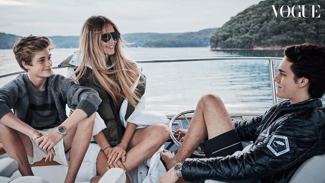 Elle Macpherson with sons Cy and Flynn in Vogue Australia’s August 2019 edition. Picture: Nicole Bentley for Vogue Australia