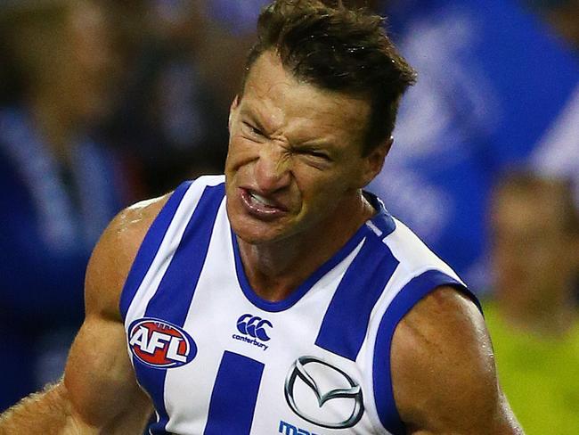 AFL: Round 1 North Melbourne V Adelaide Crows at Etihad Stadium, 26th March, Melbourne Australia. North Melbourne's Brent Harvey celebrates his goal in the third quarter Picture : George Salpigtidis