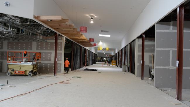 The partially-finished interior of the new $65m shopping centre. Picture: Campbell Brodie