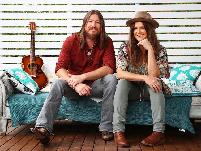 Country music stars Brooke McClymont and Adam Eckersley at their house at Sydney's central coast. Picture: John Feder/The Australian