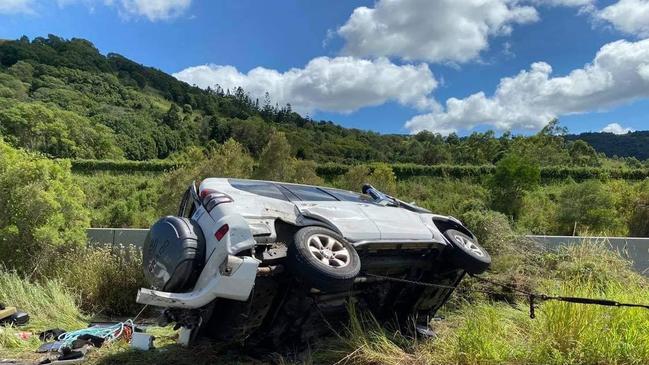 A driver was lucky to escape this horror caravan crash at Federal south of Gympie yesterday when his 4WD blew a tyre. Pictures: Courtesy of Clayton's Towing Facebook page