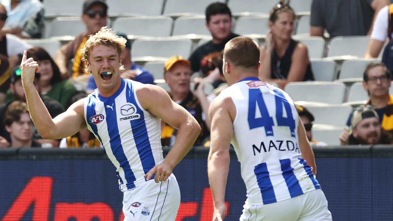 Jason Horne-Francis celebrated his first goal in AFL footy. Picture: Michael Klein