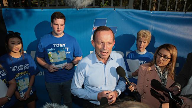 Mr Abbot speaks to the media after voting on Saturday. Picture: AAP