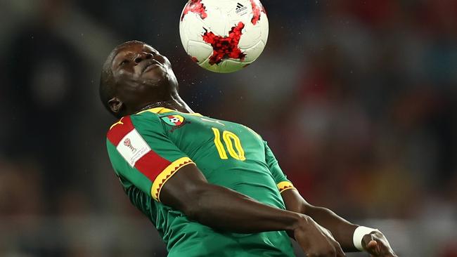 MOSCOW, RUSSIA — JUNE 18: Vincent Aboubakar of Cameroon controls the ball during the FIFA Confederations Cup Russia 2017 Group B match between Cameroon and Chile at Spartak Stadium on June 18, 2017 in Moscow, Russia. (Photo by Buda Mendes/Getty Images)