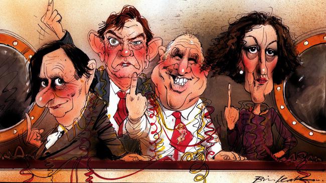 Bill Leak’s caricature of actor Barry Humphries, author Robert Hughes, TV personality Clive James and feminist and author Germaine Greer