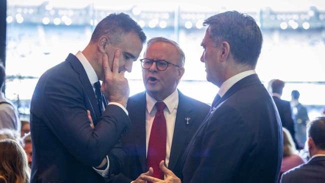 South Australia Premier Peter Malinauskas, PM Anthony Albanese and Defence Minister Richard Marles. Picture: AFL Photos / Wayne Taylor