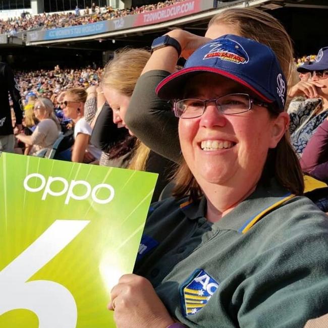 Adelaide Crows fan Jay Gardiner at the women’s Twenty20 World Cup with her Crows hat on. Gardiner only made it to the game thanks to Andrew McLeod and Narelle Smith’s generosity. Picture: Supplied