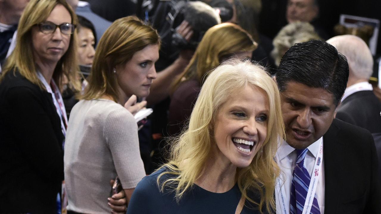 Conway speaks to reporters in “spin alley” following the third and final presidential debate between Trump and Democratic rival Hillary Clinton at the University of Nevada in Las Vegas on October 19, 2016. Conway is well-known for sparring with the media. Picture: AFP