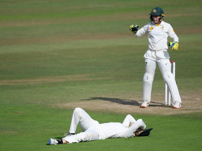 Meg Lanning (l) of Australia reacts to dropping Nat Sciver of Englan. Picture: Alex Davidson/Getty Images