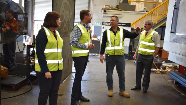 Mackay MP Julieanne Gilbert, Treasurer Cameron Dick, Ziggy's CQ Engineering general manager Jeff White and Queensland Resources Council chief executive Ian Macfarlane tour the Ziggy's premises. Picture: Melanie Whiting