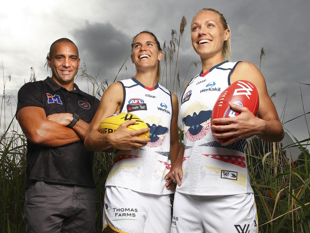 In retirement, McLeod became an assistant coach with the women’s team. He’s pictured with Chelsea Randall and Erin Phillips. Picture Sarah Reed