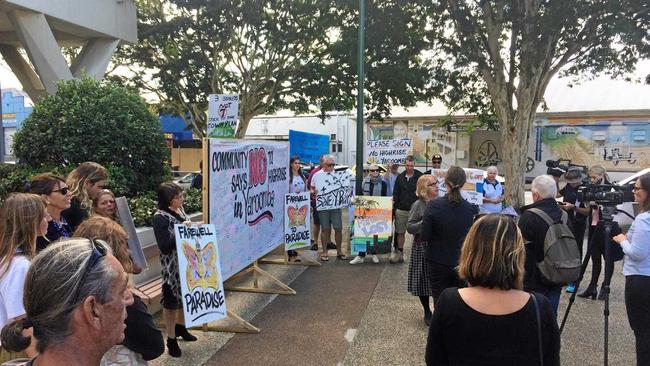 Crowds gather in front of Sunshine Coast Council's Nambour chambers ahead of a decision on Sekisui House's Yaroomba Beach proposal. Picture: Stuart Cumming