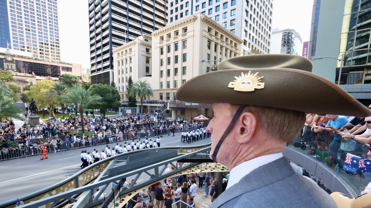 Thousands gather for Brisbane's Anzac Day parade through Brisbane. Picture: Liam Kidston