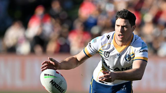 Mitchell Moses bounced back from a disappointing Origin loss, guiding Parramatta to a dominant win over the Dolphins. Picture: Getty Images.